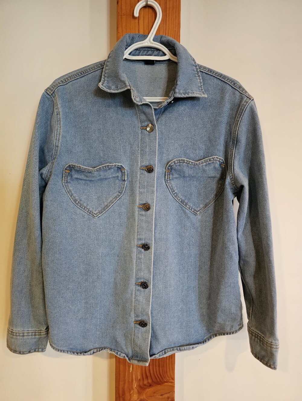 West Fade Light Wash Denim Button Down Shirt with Heart Pockets - Size XS